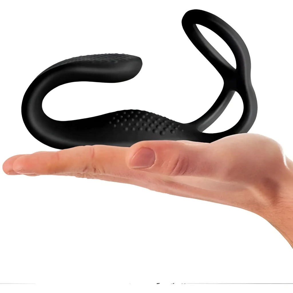 Black silicone u-shaped cock ball and anal stimulator with textured grip surfaces by rocks off the vibe