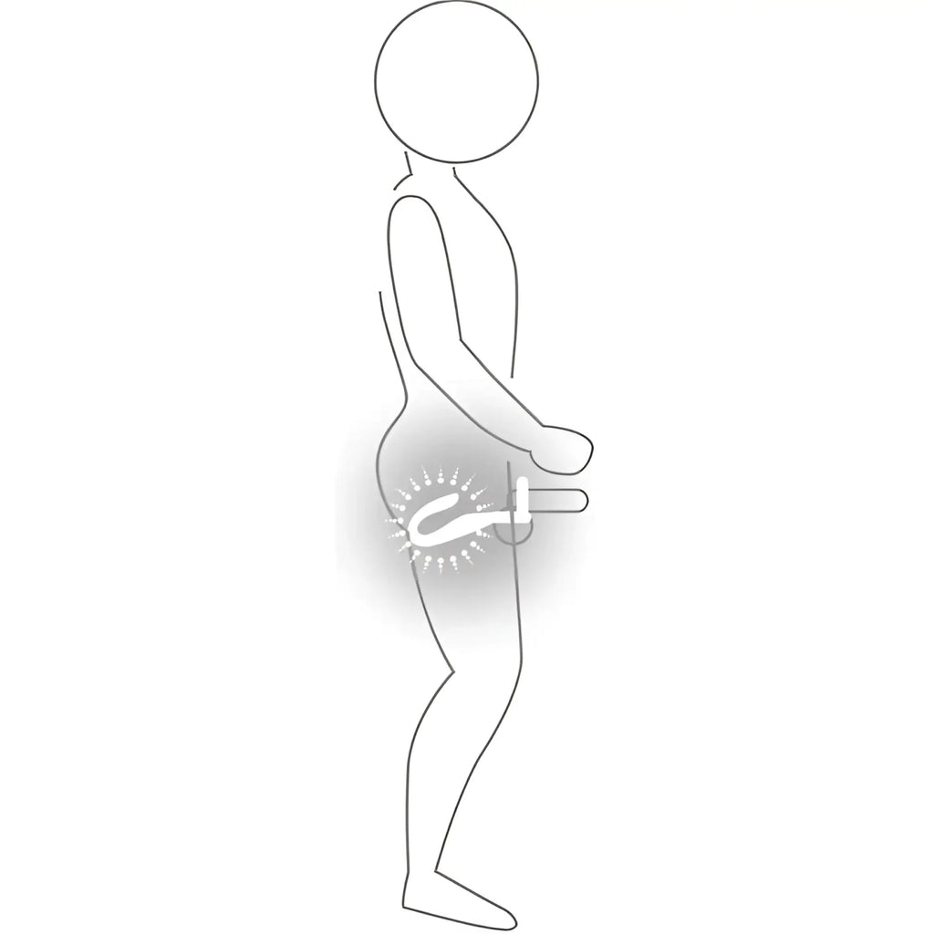 White outline illustration of a person showing an internal medical device in the pelvic region for rocks off the vibe cock ball and anal stimulator