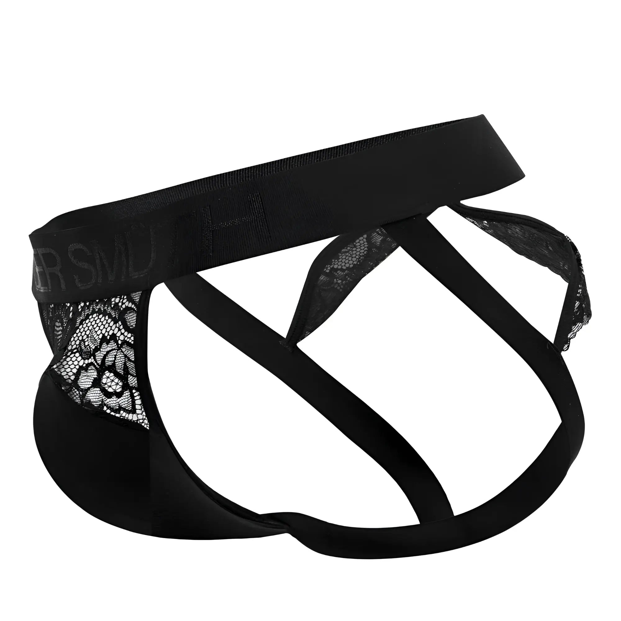 Roger smuth rs005 jockstrap in black featuring black lace-trimmed briefs with a solid black elastic waistband