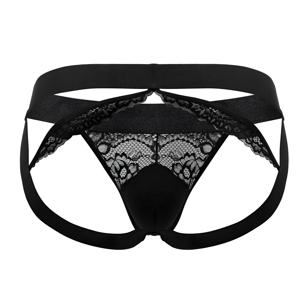 Black lace-trimmed men’s briefs with solid black elastic waistband and leg straps from roger smuth rs005 jockstrap in black
