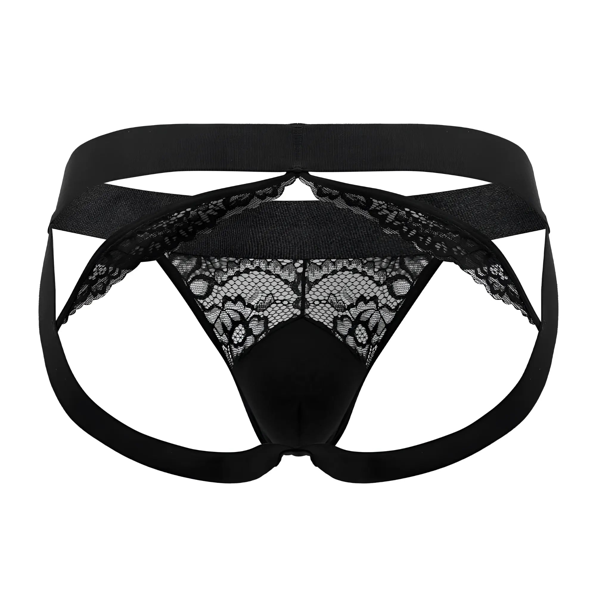 Black lace-trimmed men’s briefs with solid black elastic waistband and leg straps from roger smuth rs005 jockstrap in black