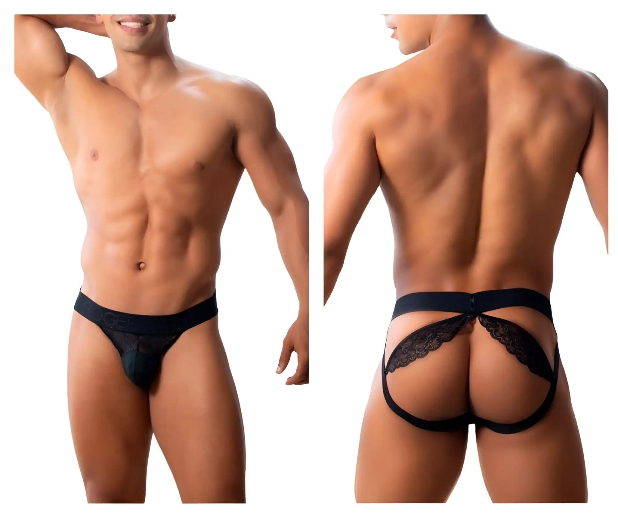 Black lace-trimmed men’s thong with supportive backband by roger smuth rs005 shown from back in black color