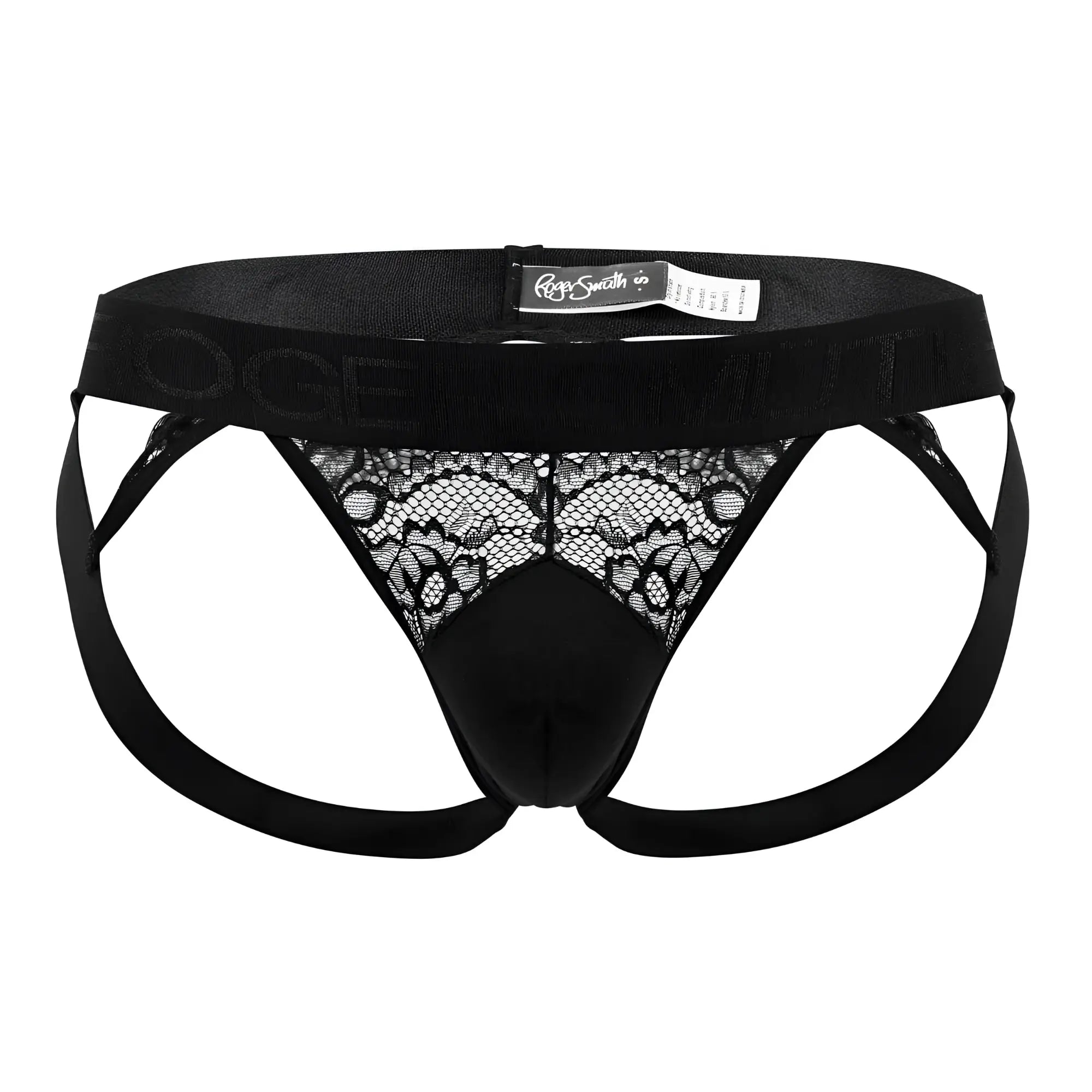 Black lace-trimmed roger smuth rs005 jockstrap briefs with solid black waistband and rags smith co brand label