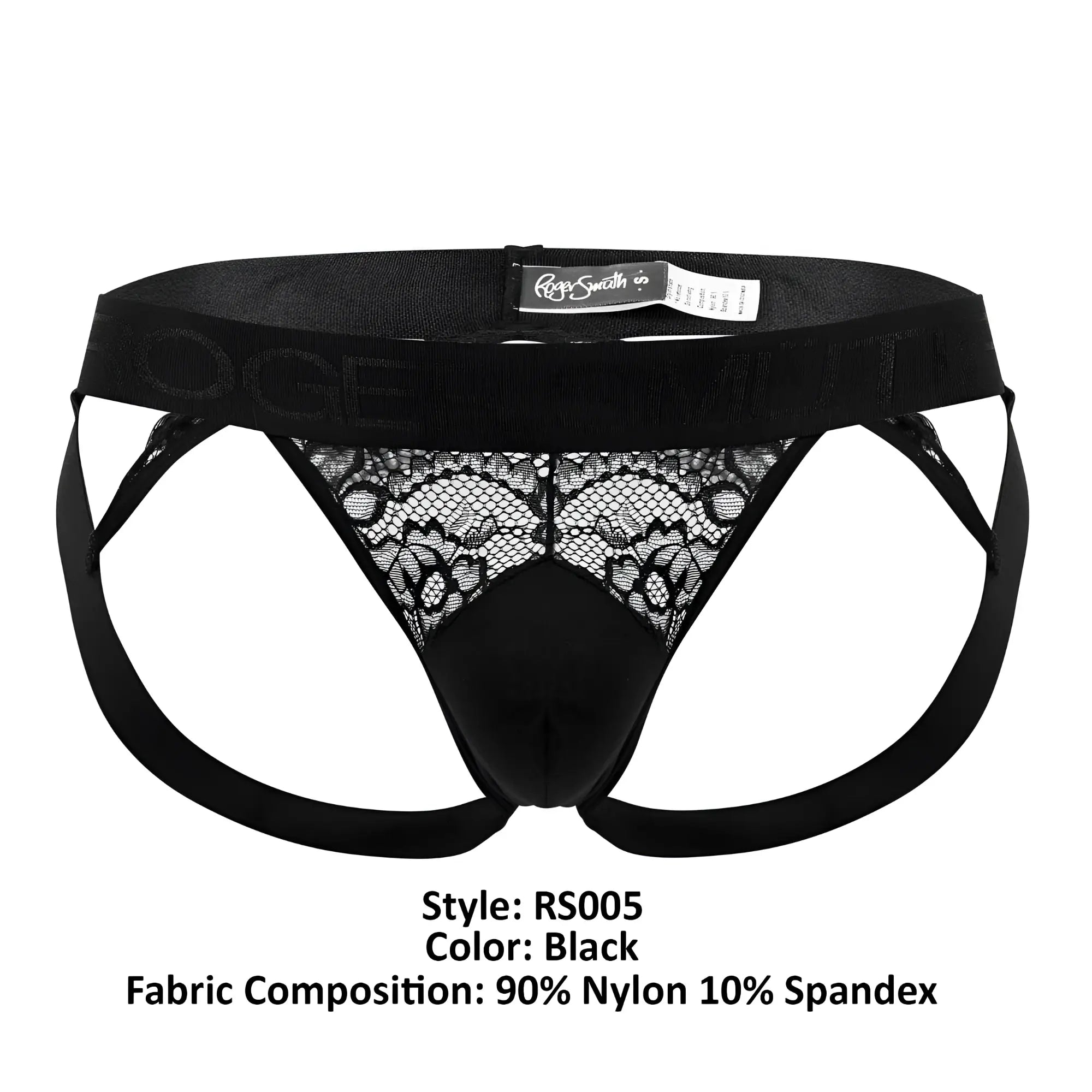 Black lace-trimmed roger smuth rs005 jockstrap briefs with supportive elastic waistband and adjustable side straps