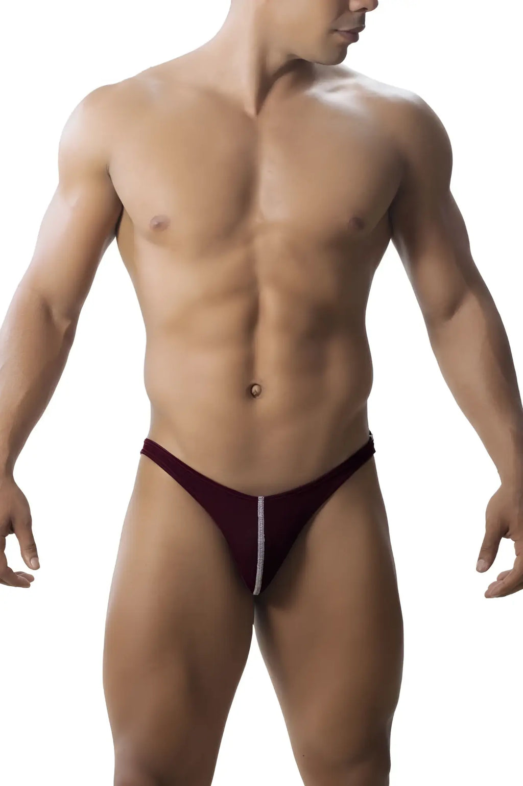 Roger Smuth RS018-1 jockstrap in burgundy with a silver zipper detail down the center front