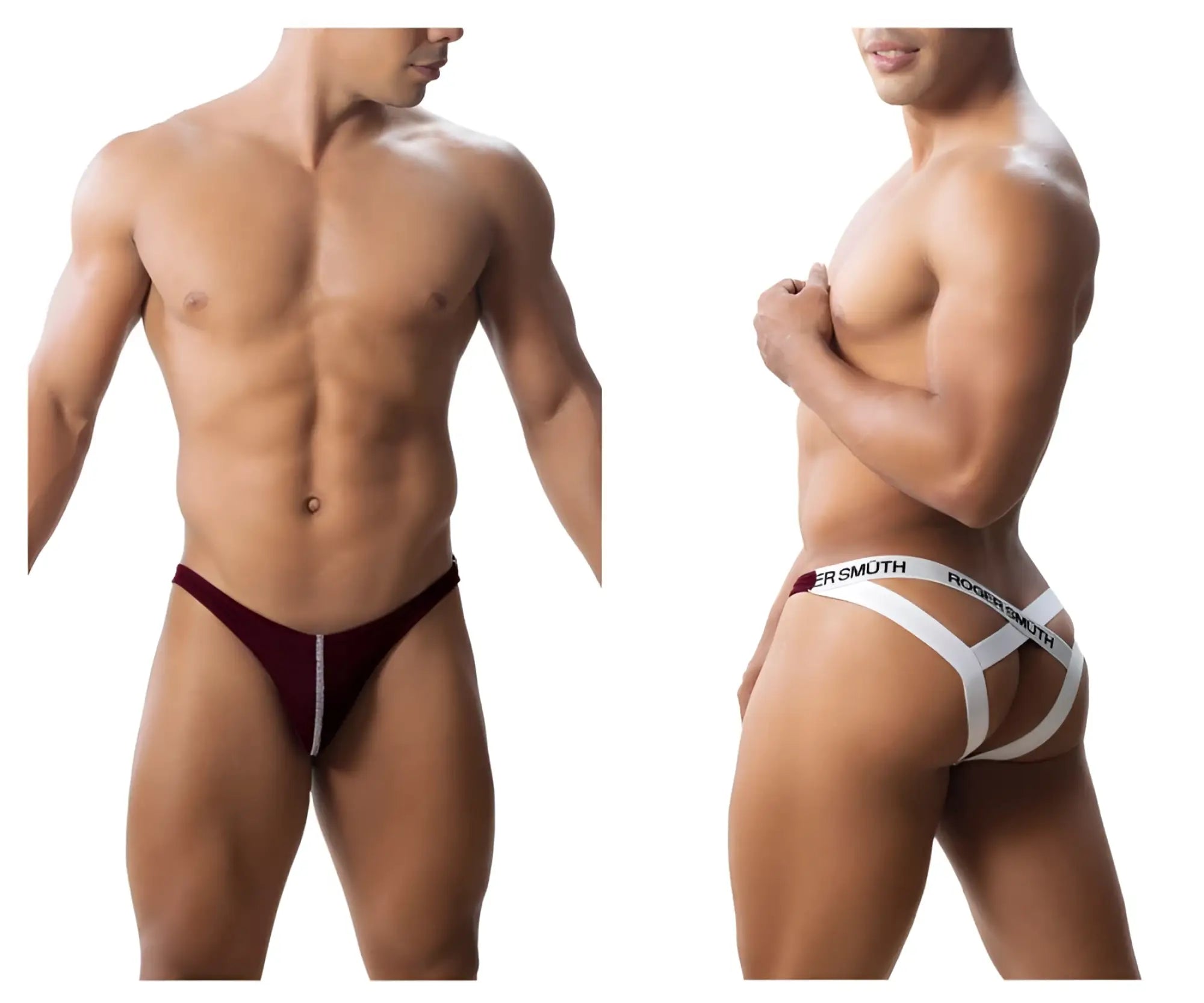 Roger smith rs018-1 jockstrap in burgundy with a central zipper detail and maroon and white briefs design