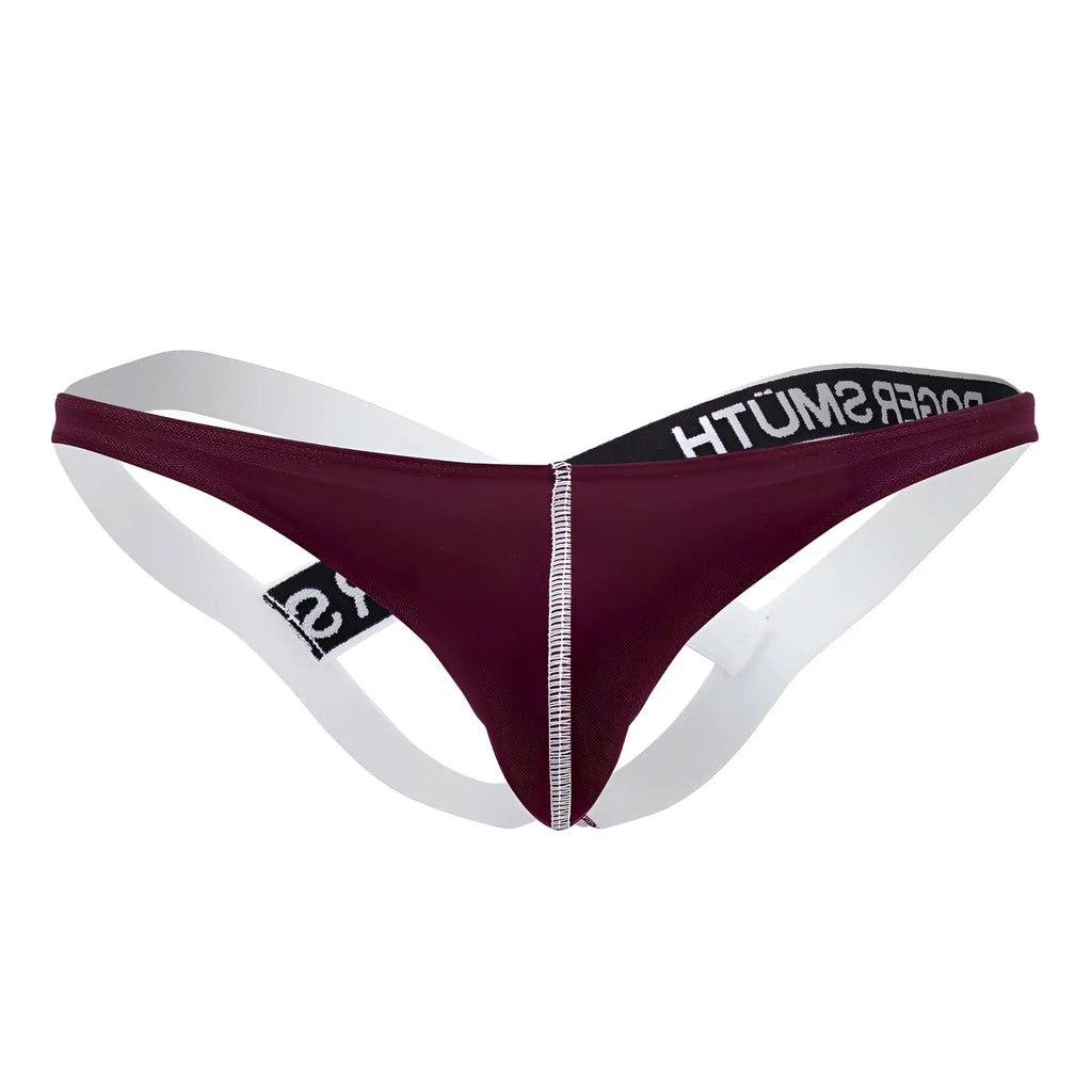 Maroon and white thong with black elastic waistband and roger smith branding in burgundy roger smuth rs018-1 jockstrap