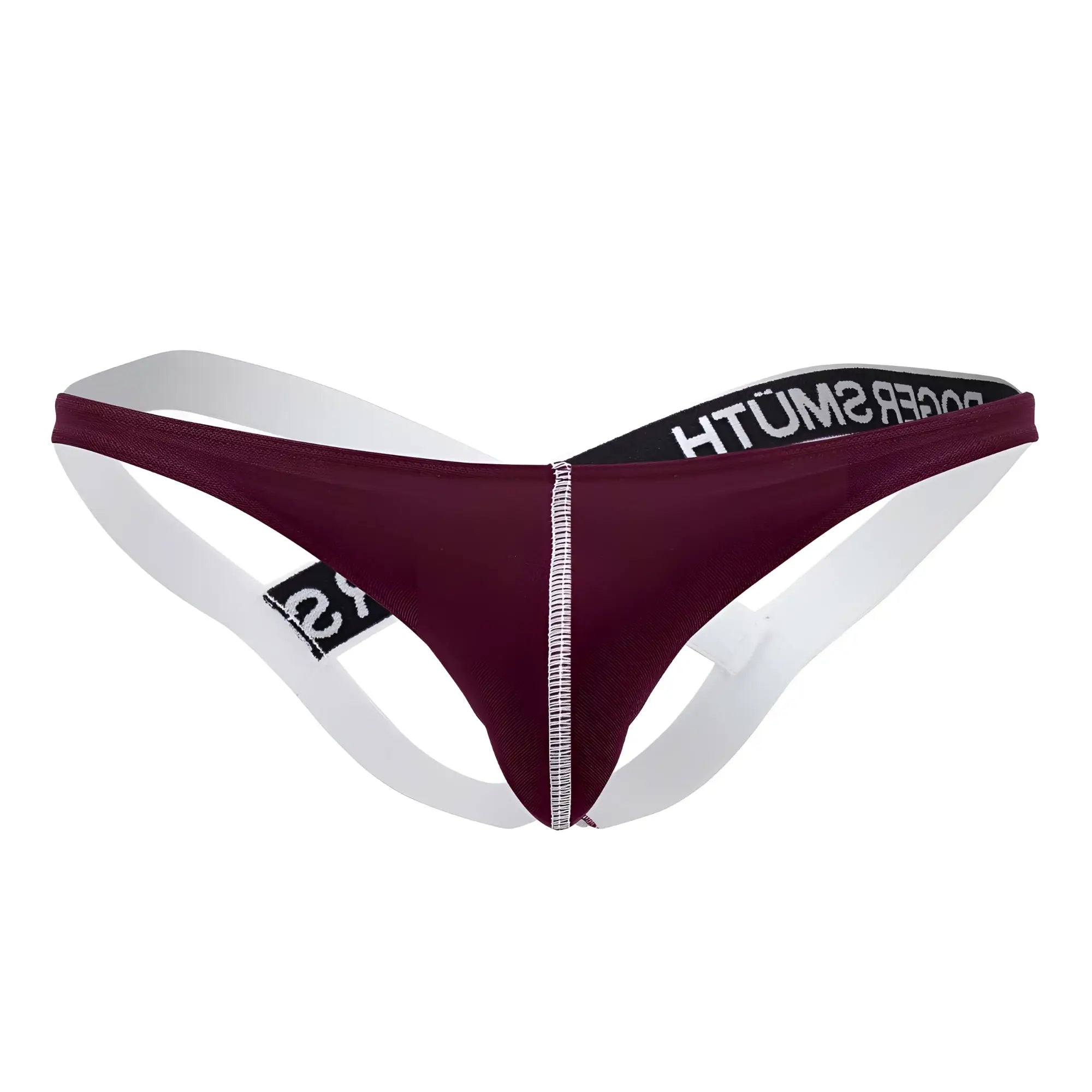 Maroon and white thong with black elastic waistband and roger smith branding in burgundy roger smuth rs018-1 jockstrap