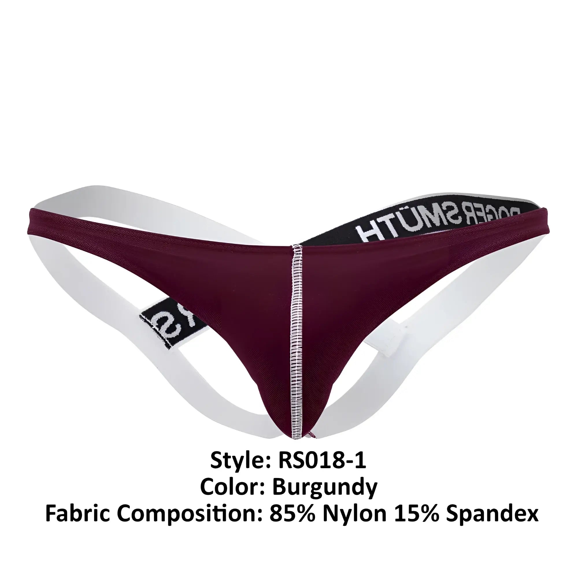 Burgundy roger smuth rs018-1 jockstrap thong with white side straps and black elastic waistband featuring poker smut branding
