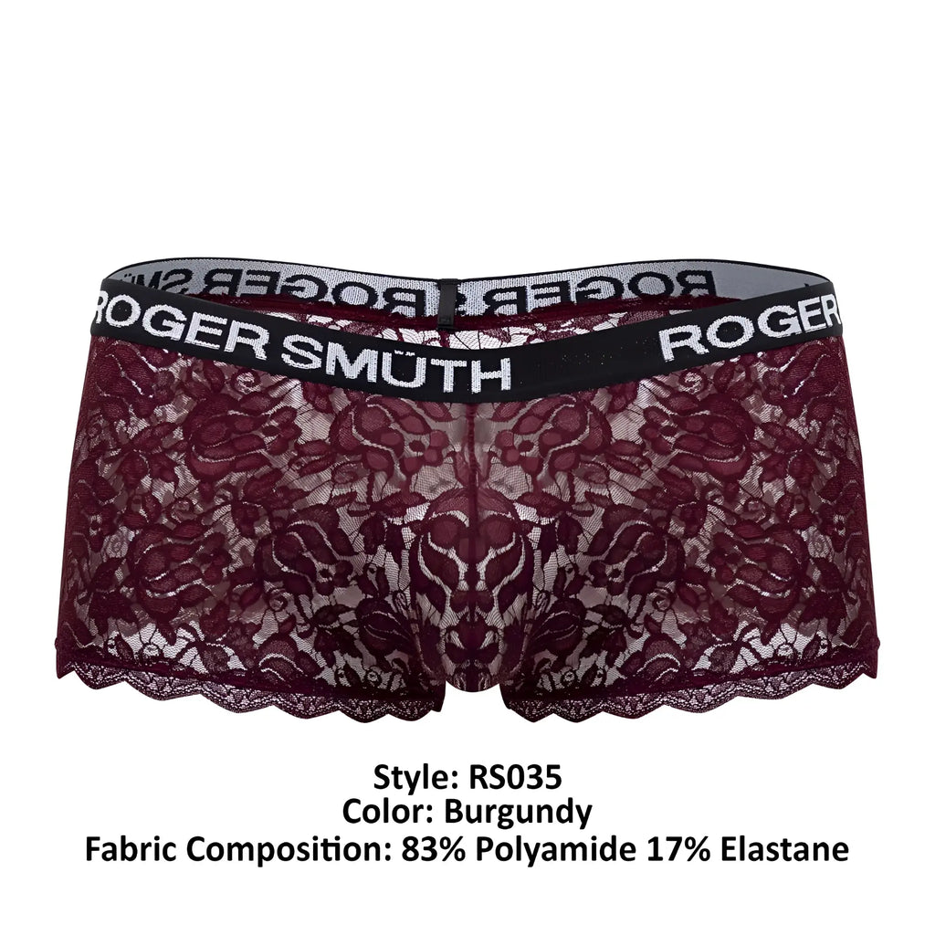Burgundy lace roger smuth rs035 trunks with black elastic waistband featuring roger smuth branding