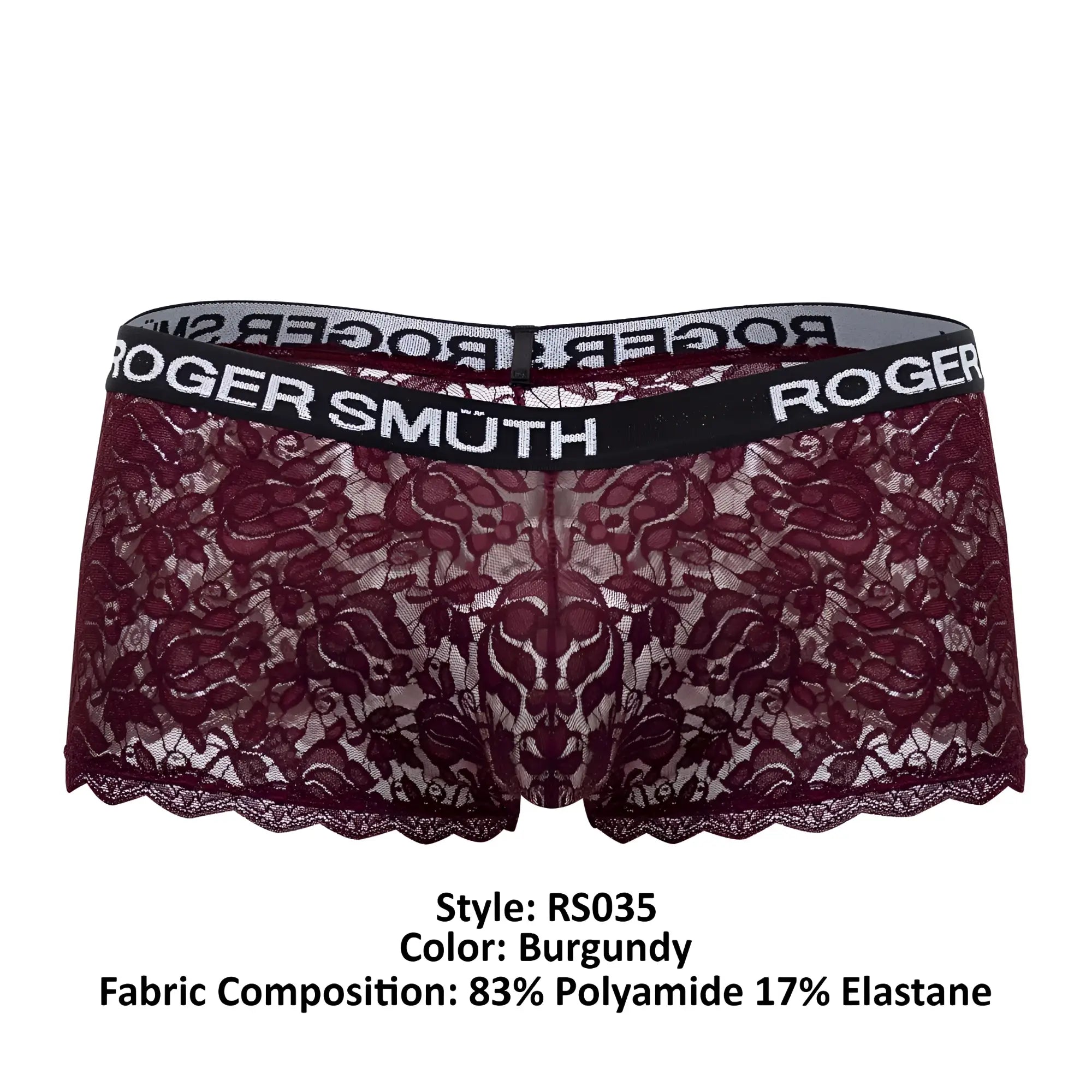 Burgundy lace roger smuth rs035 trunks with black elastic waistband featuring roger smuth branding