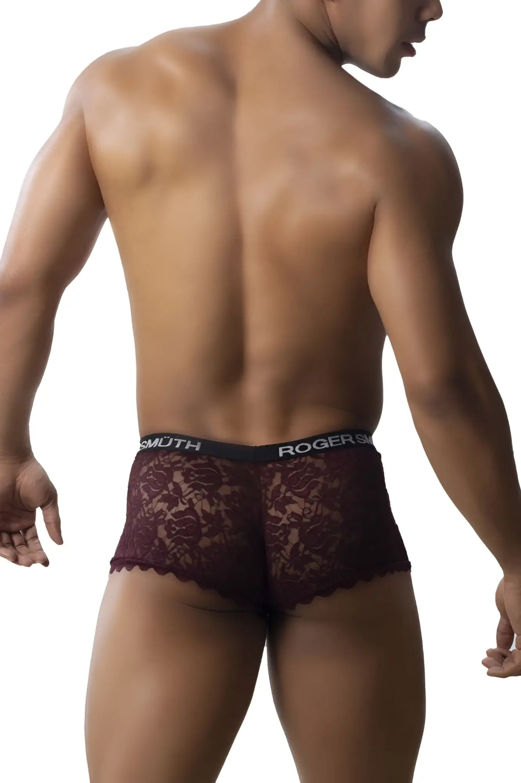 Maroon lace briefs with black elastic waistband featuring roger smith brand name in roger smuth rs035 trunks burgundy
