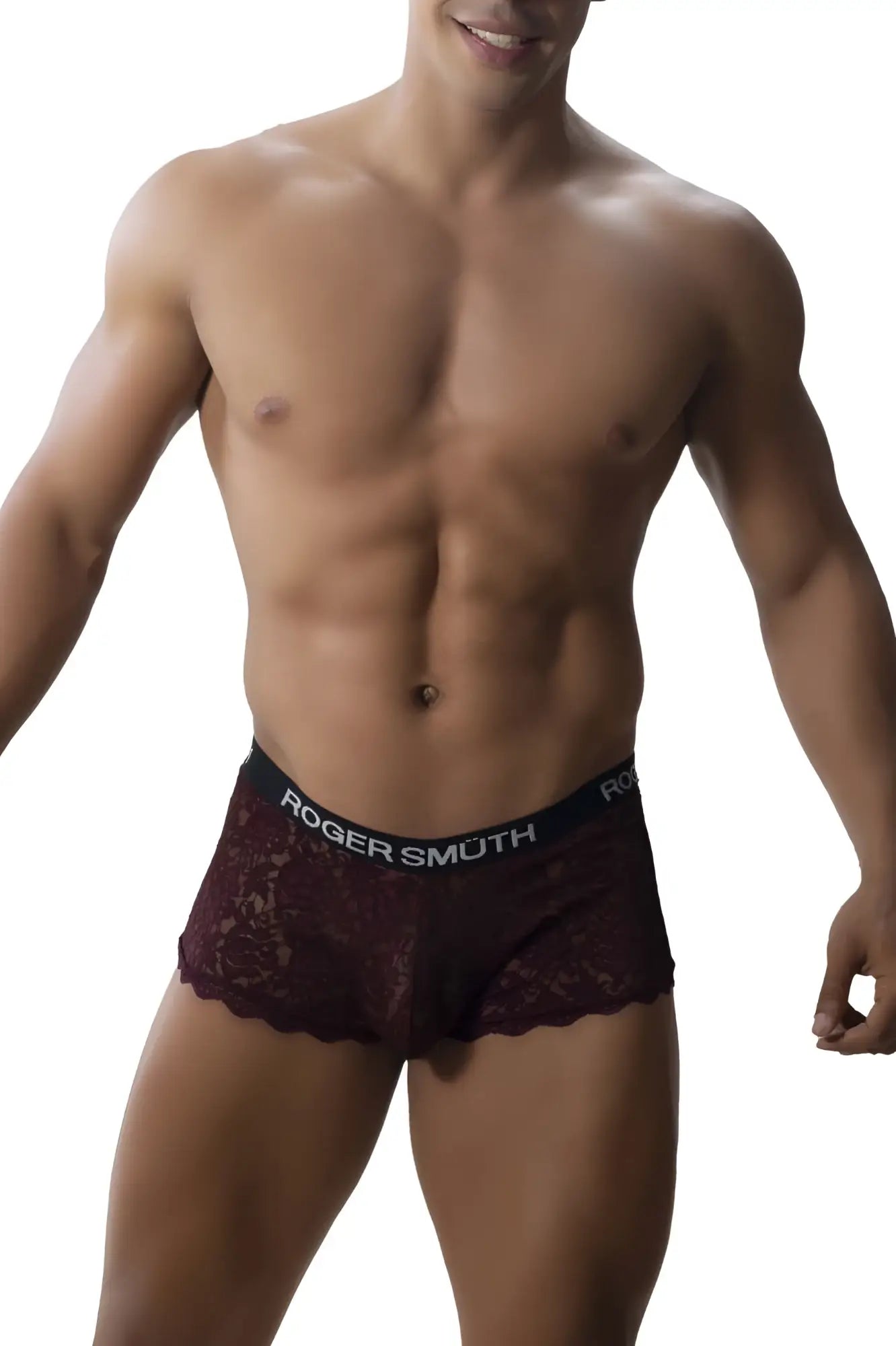 Maroon lace boxer briefs with black elastic waistband featuring roger smuth branding in the rs035 trunks design