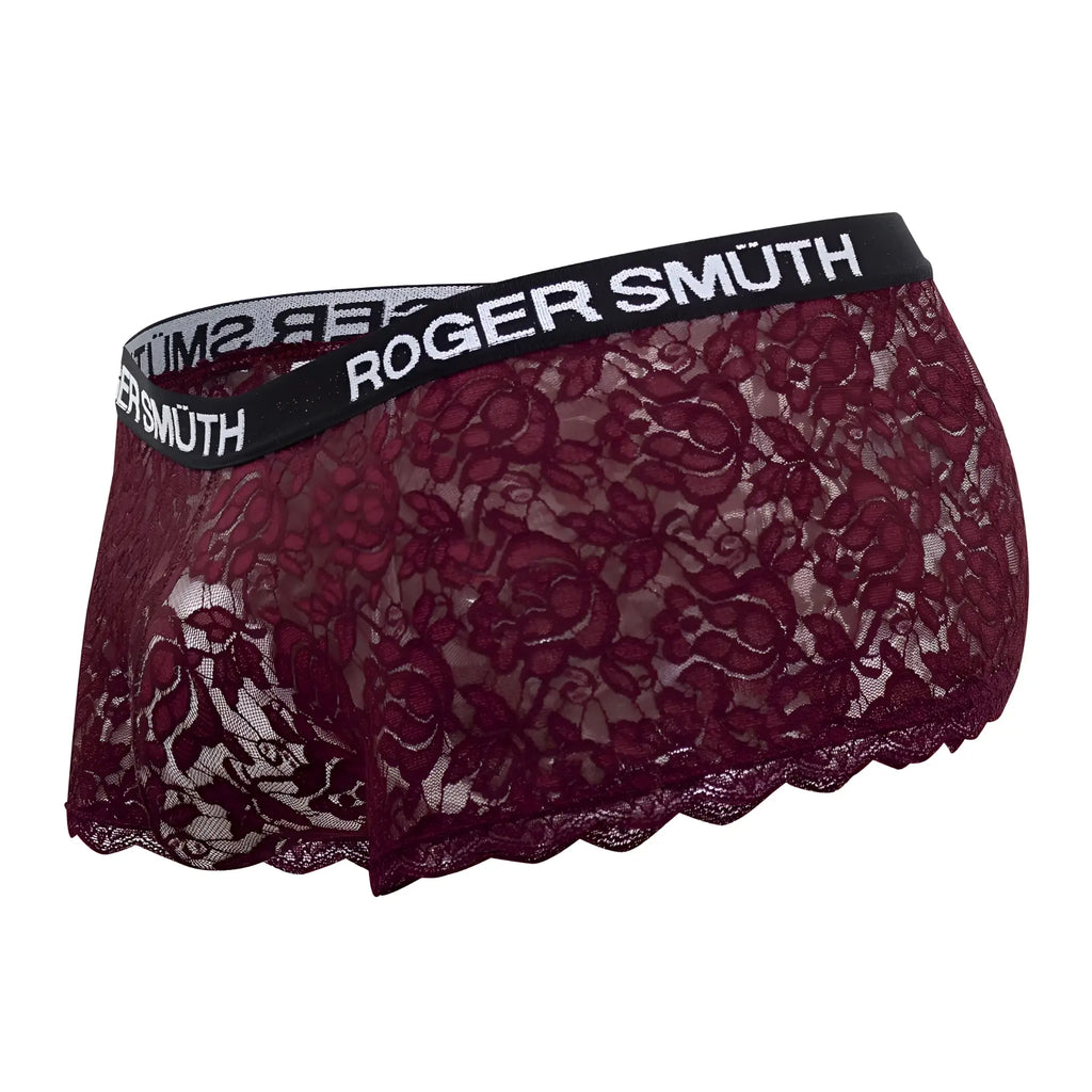 Roger smuth rs035 trunks burgundy lace underwear with black elastic waistband and white logo lettering