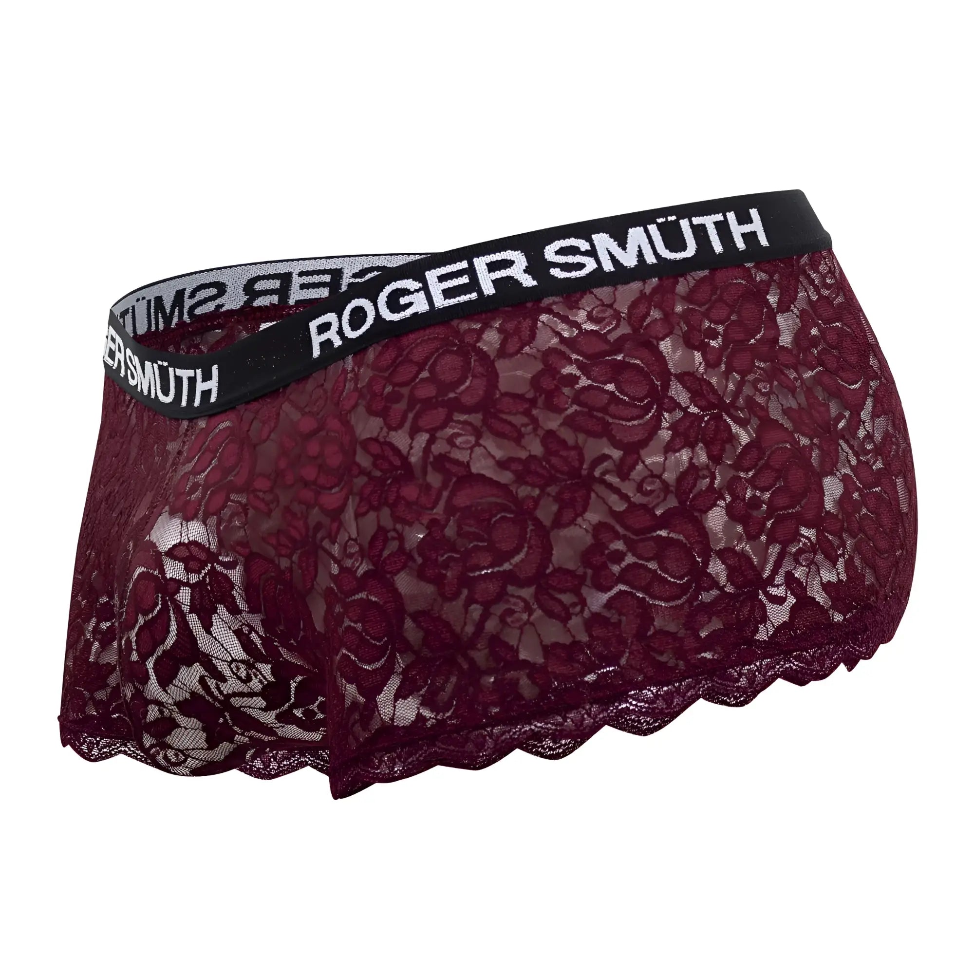 Roger smuth rs035 trunks burgundy lace underwear with black elastic waistband and white logo lettering