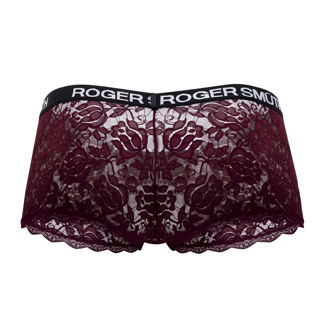 Maroon lace roger smuth rs035 trunks with a black elastic waistband and white branded lettering in burgundy color