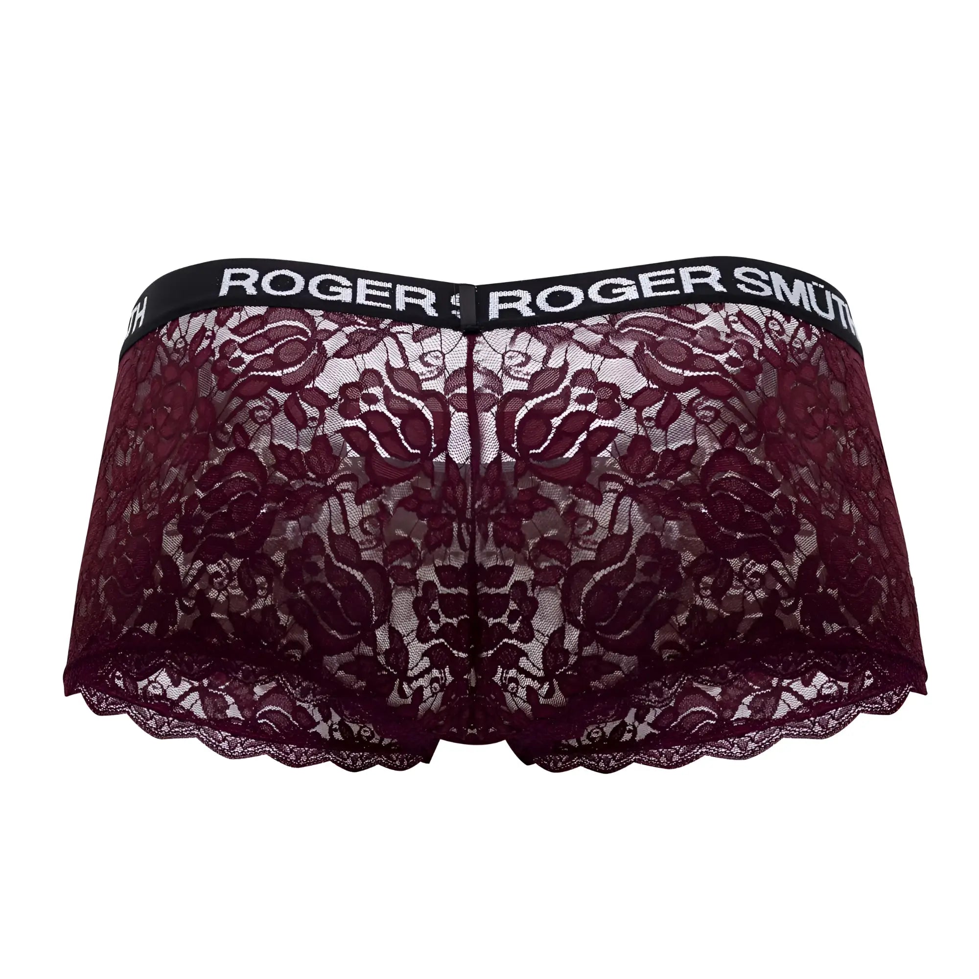 Maroon lace roger smuth rs035 trunks with a black elastic waistband and white branded lettering in burgundy color