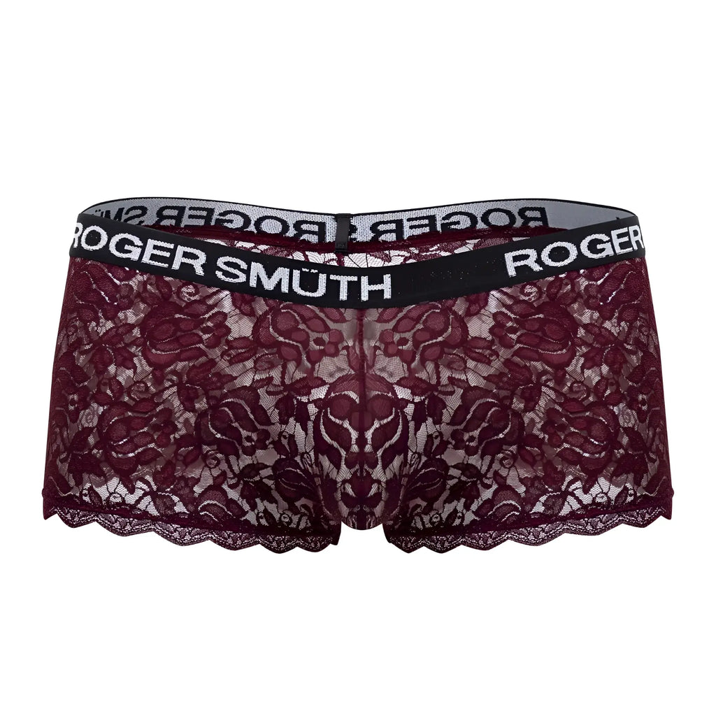 Maroon lace roger smuth rs035 trunks with black elastic waistband and white branded lettering in burgundy color