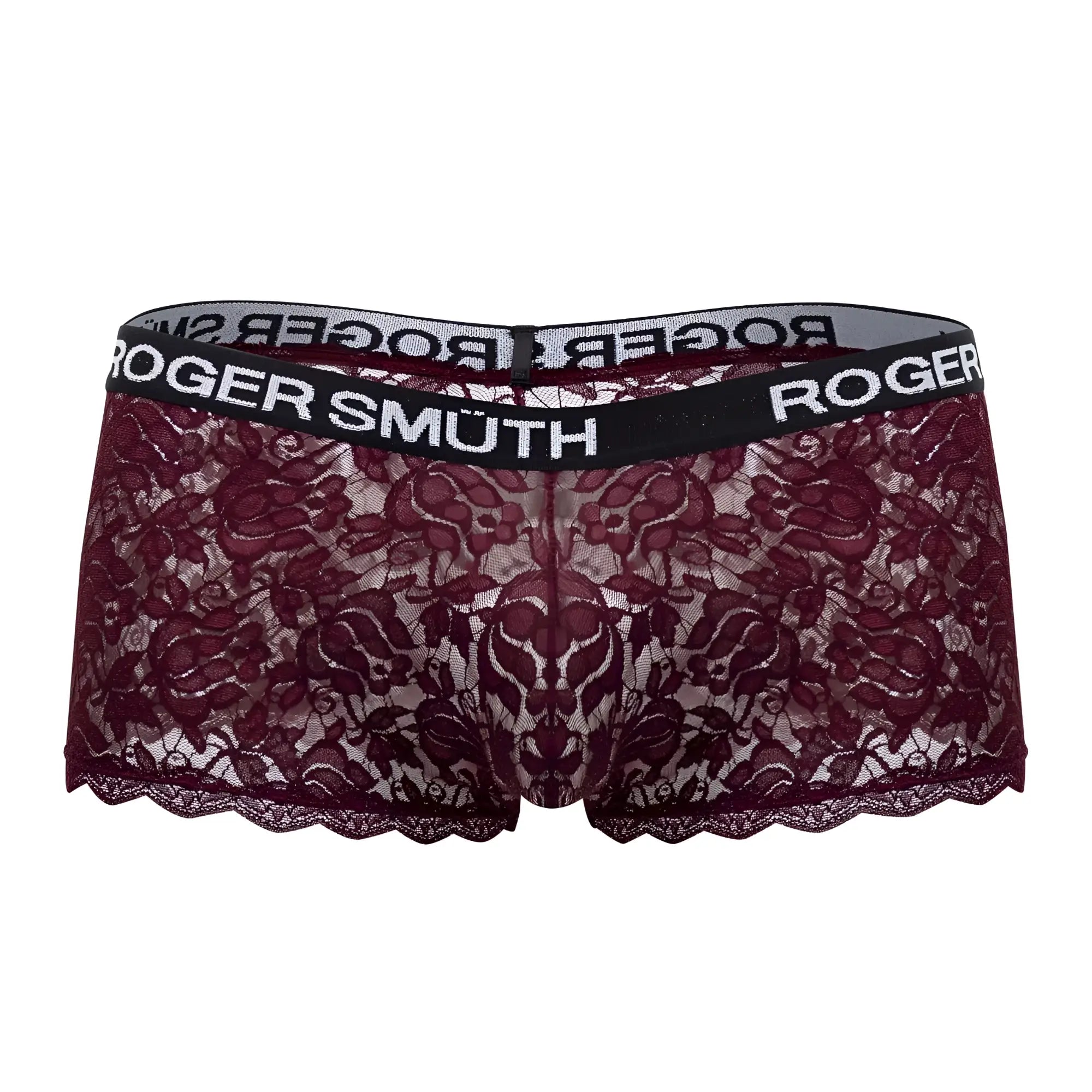 Maroon lace roger smuth rs035 trunks with black elastic waistband and white branded lettering in burgundy color