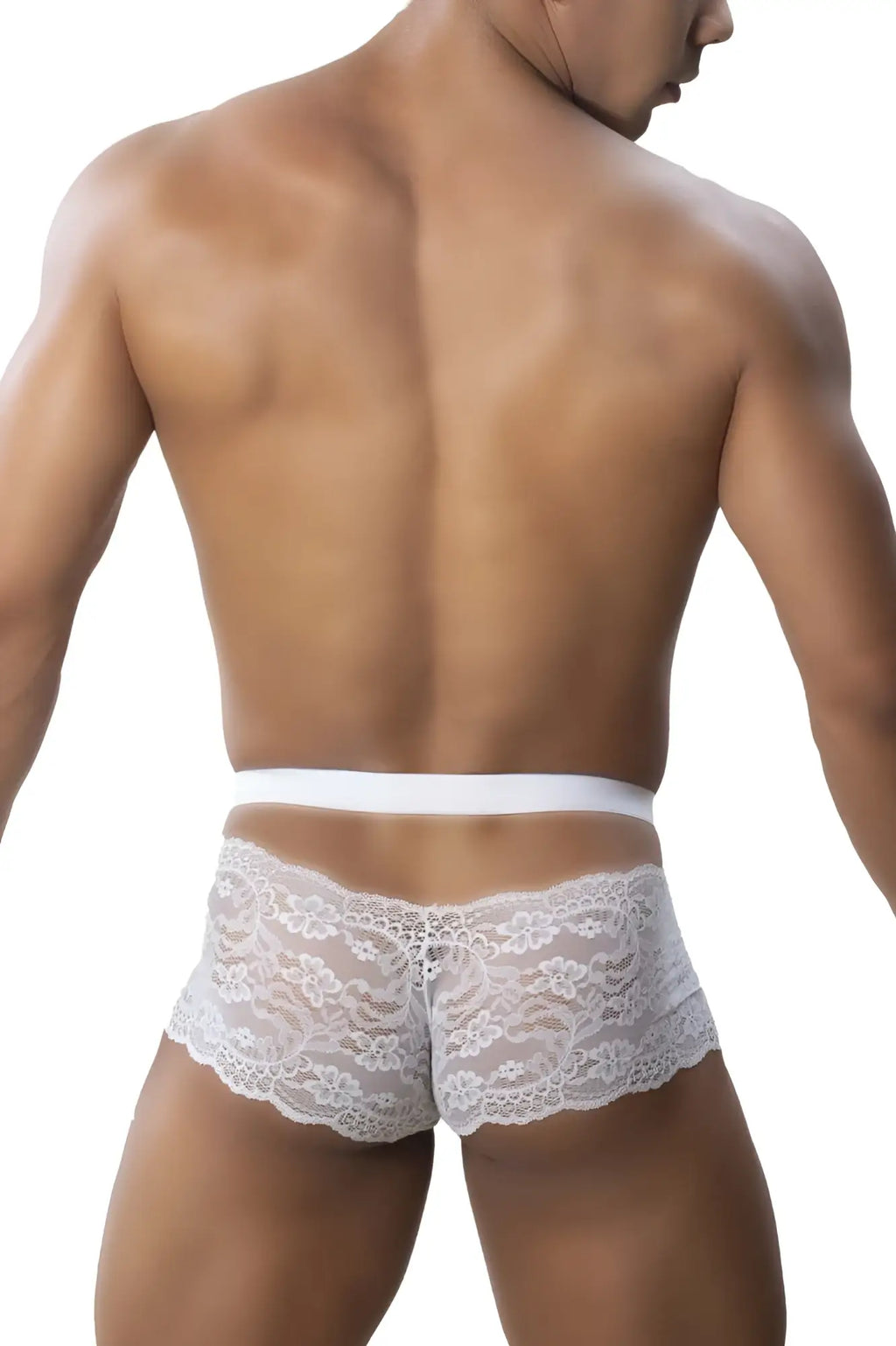 Roger smuth rs047 white lace briefs with delicate floral pattern and solid white waistband front view