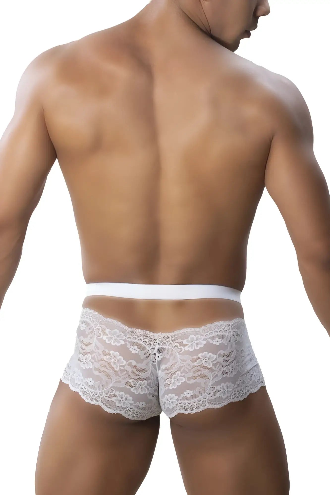 Roger smuth rs047 white lace briefs with delicate floral pattern and solid white waistband front view