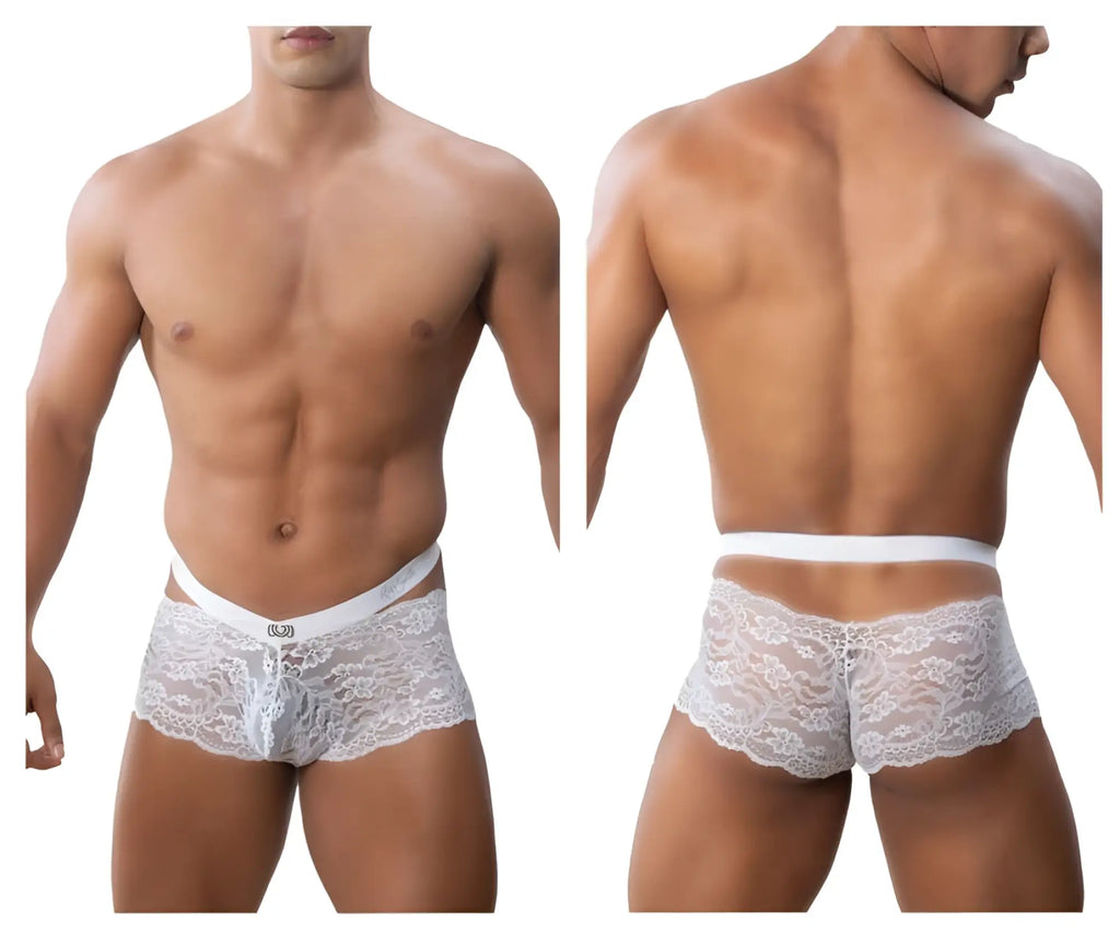 White lace men’s trunks roger smuth rs047 with delicate floral pattern and elastic waistband in white color