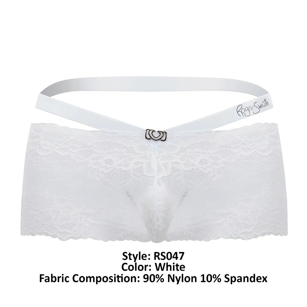 White lace thong with satin waistband and silver heart clasp featuring roger smith embroidery rs047 trunks white