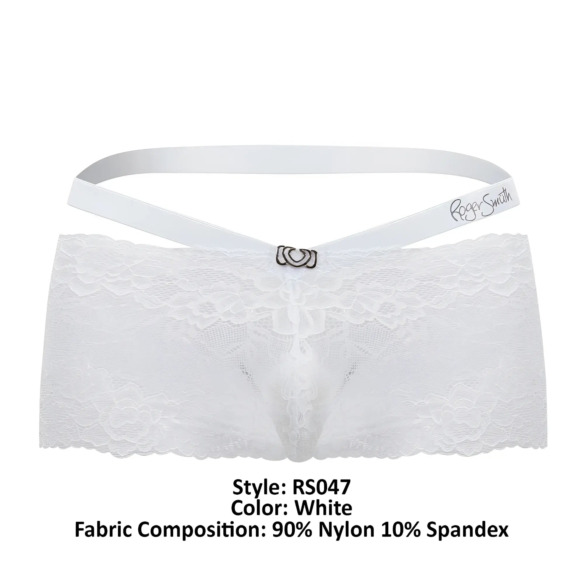 White lace thong with satin waistband and silver heart clasp featuring roger smith embroidery rs047 trunks white