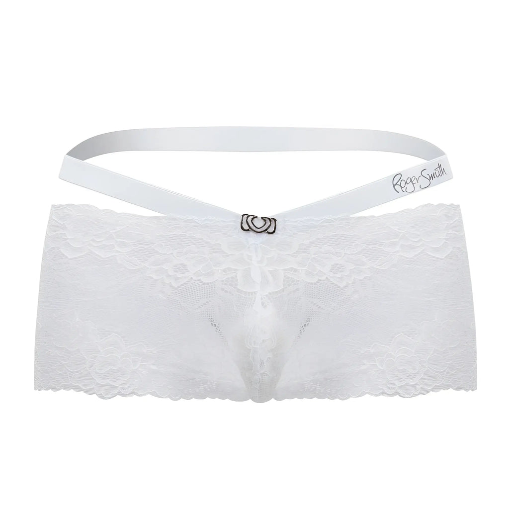 White lace thong with satin waistband and silver clasp featuring roger smith embroidery in rs047 trunks white color