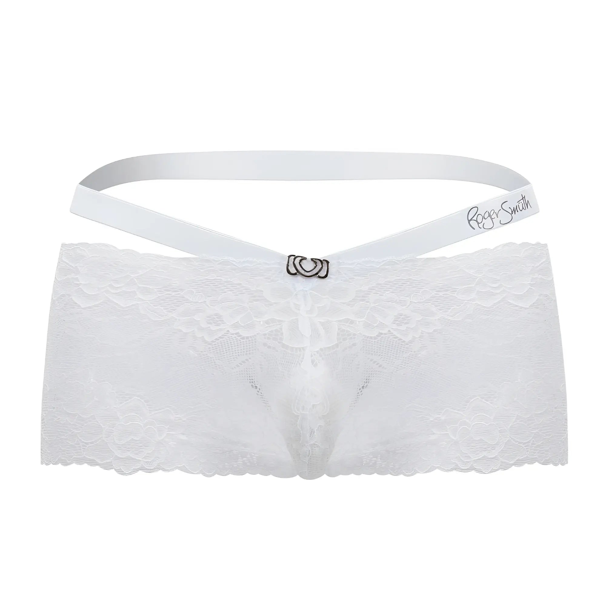 White lace thong with satin waistband and silver clasp featuring roger smith embroidery in rs047 trunks white color