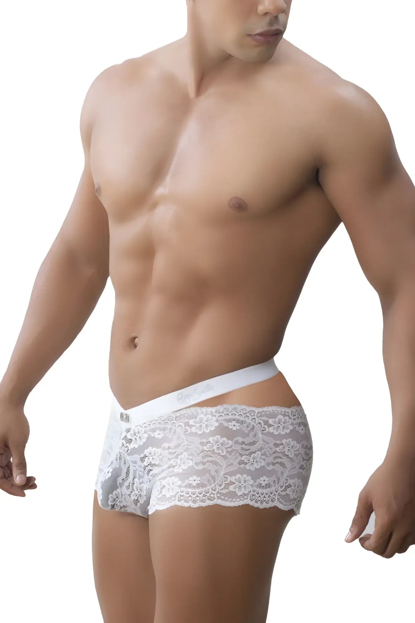 Roger smuth rs047 trunks white briefs with white lace trim floral pattern and smooth elastic waistband front view