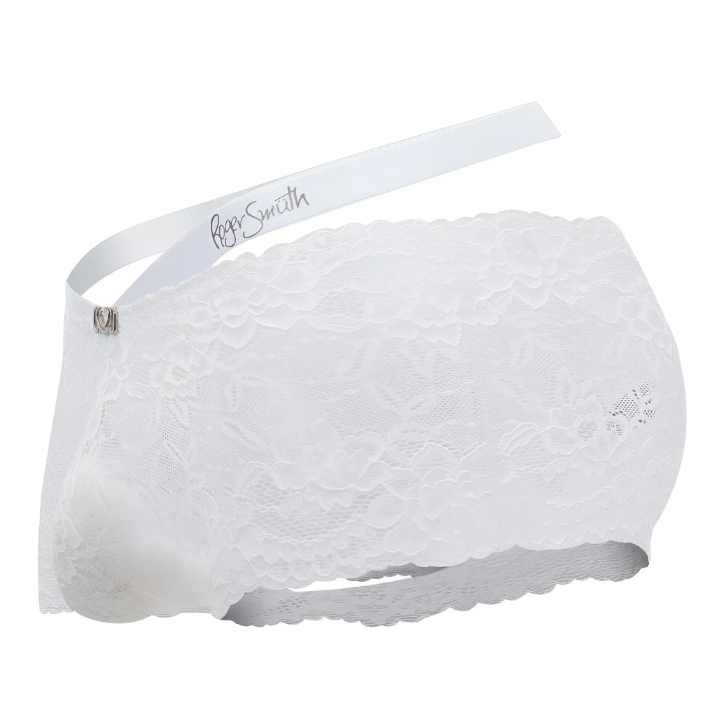 White lace roger smith rs047 trunks with satin ribbon waistband and silver heart-shaped clasp in white color