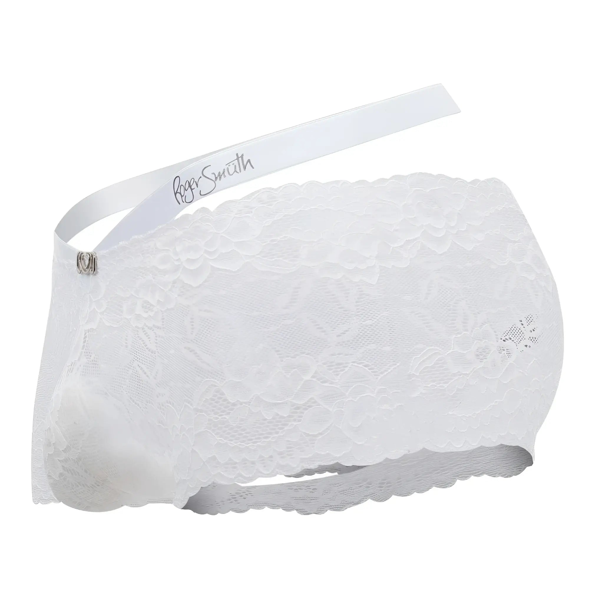 White lace roger smith rs047 trunks with satin ribbon waistband and silver heart-shaped clasp in white color