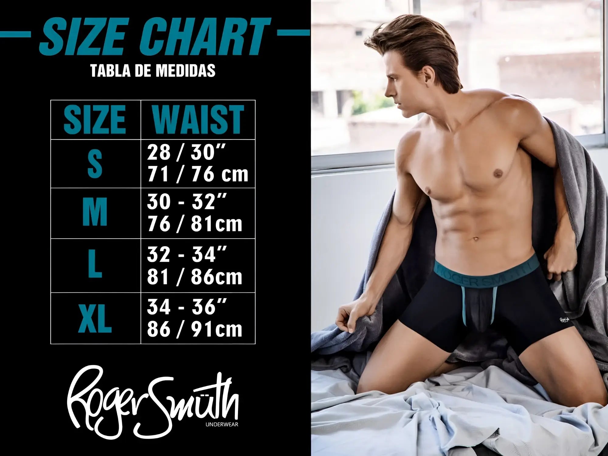 Black roger smith briefs with teal elastic waistband and side trim featuring roger smith logo in white color