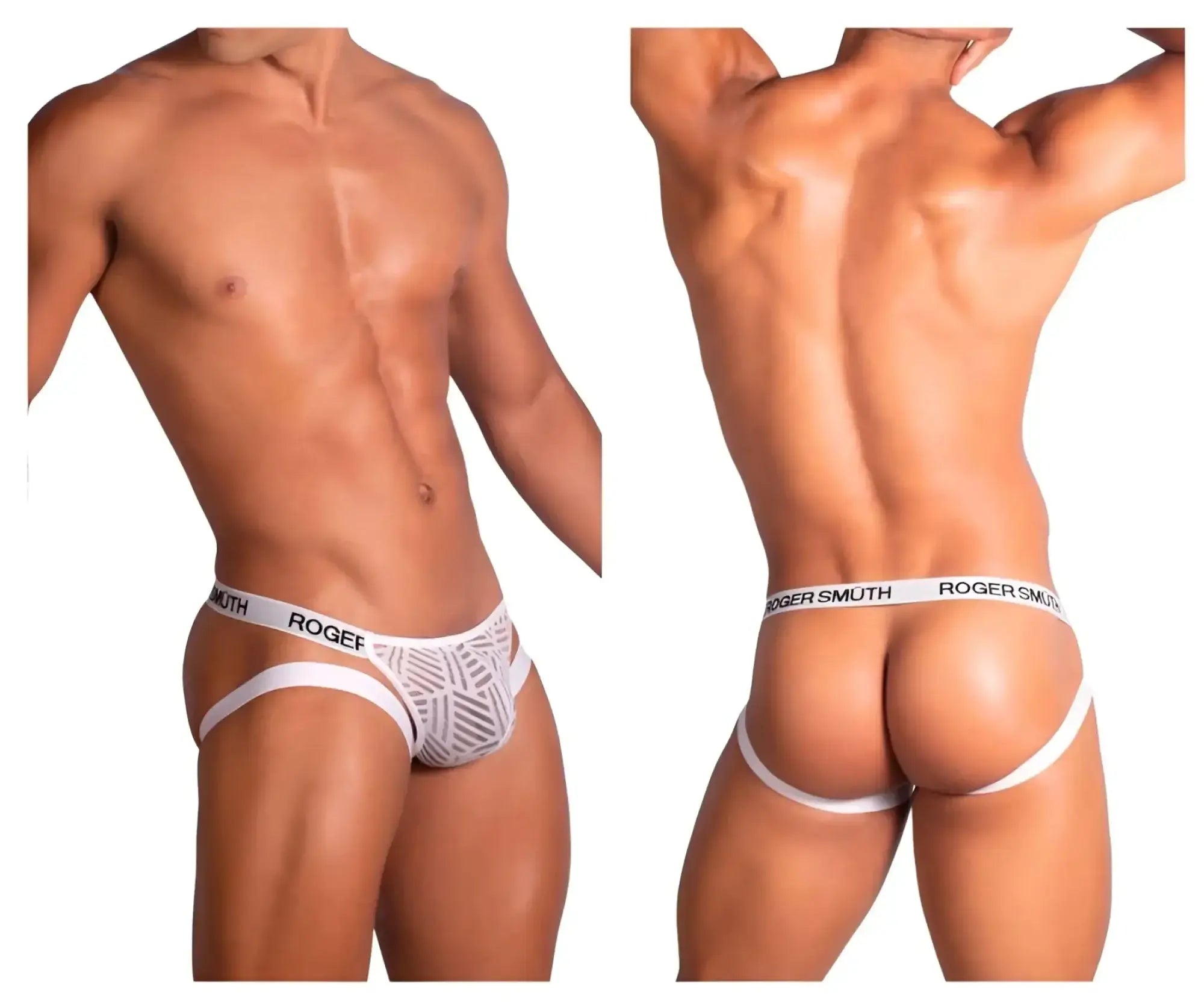 White roger smuth rs071 jockstrap briefs with geometric pattern and elastic waistband shown from the back side