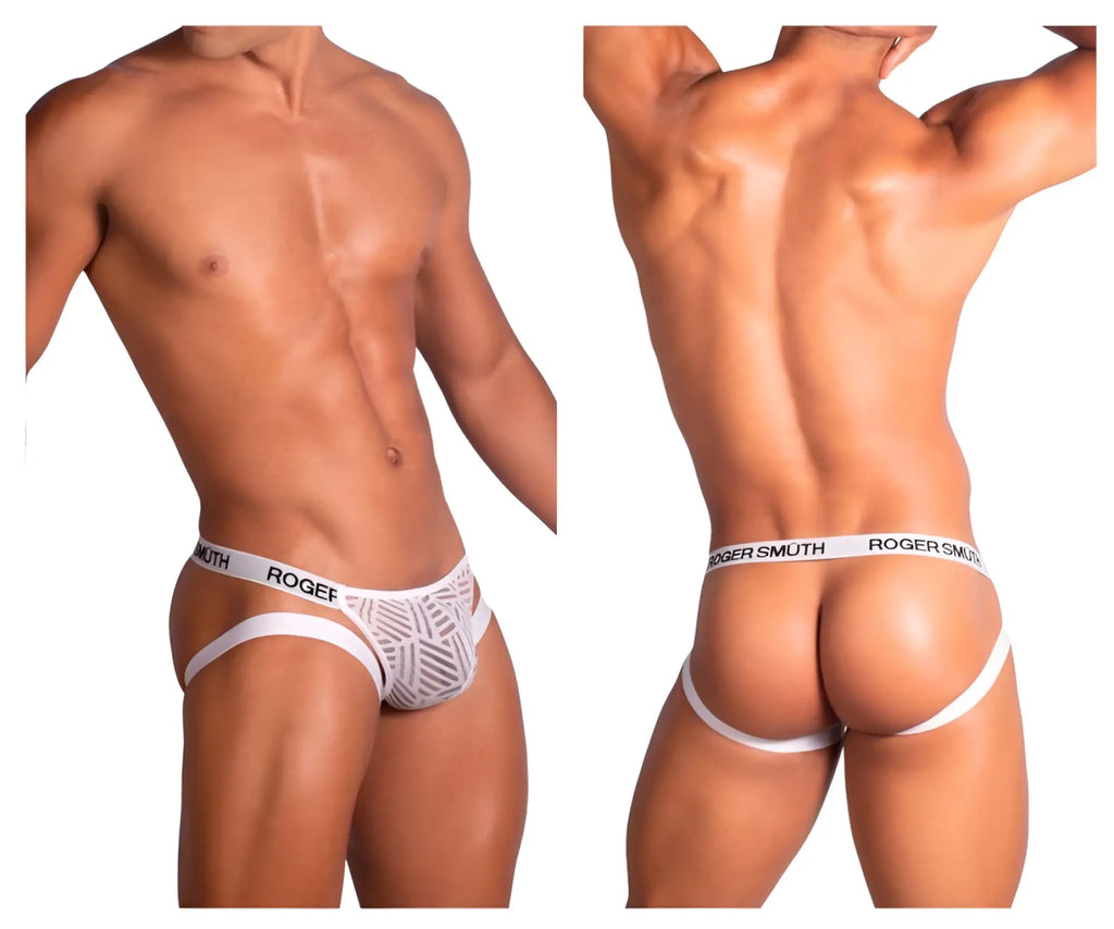 White roger smuth rs071 jockstrap briefs with geometric pattern and elastic waistband shown from the back side
