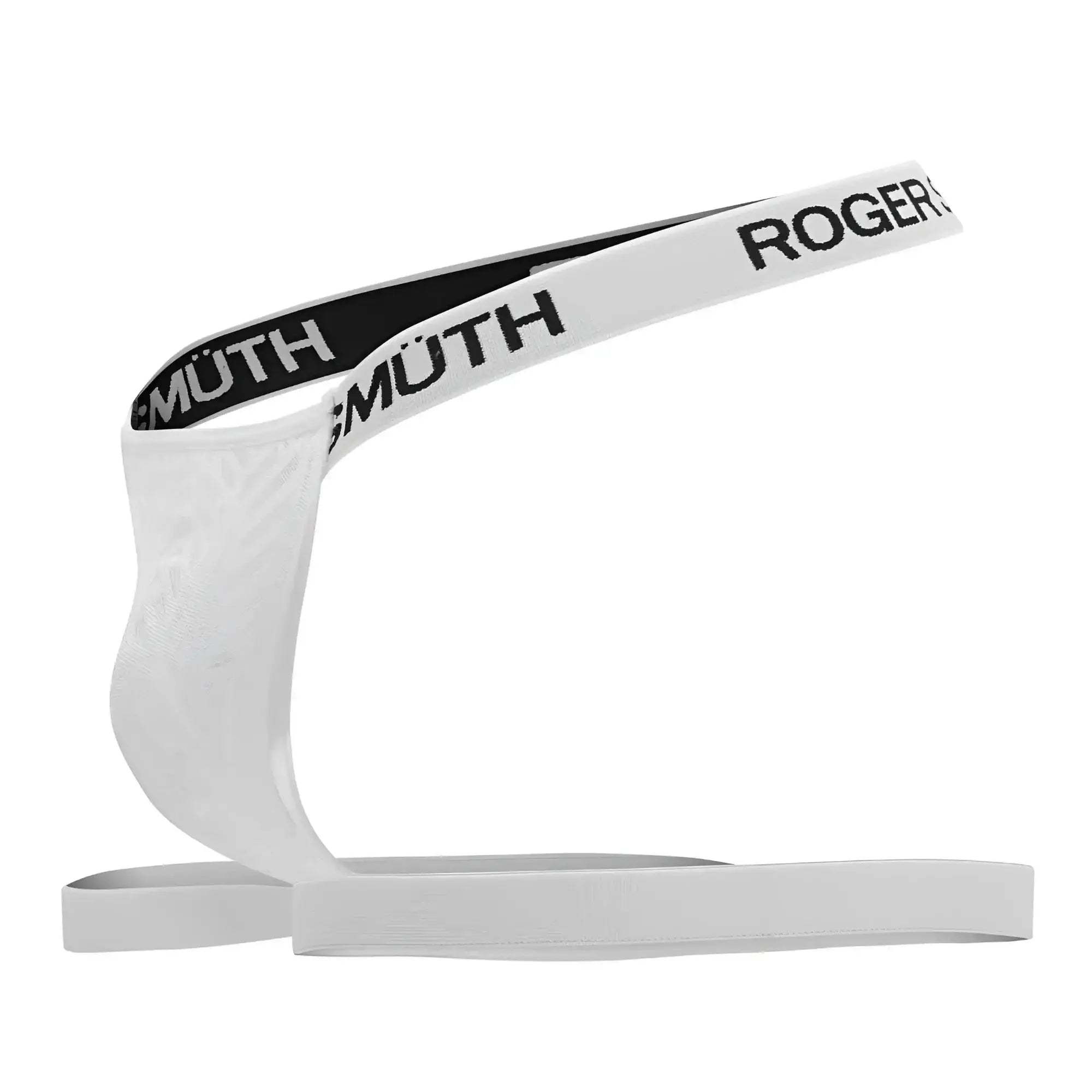 White roger smuth rs071 jockstrap with sleek minimalist design and black text detailing on waistband