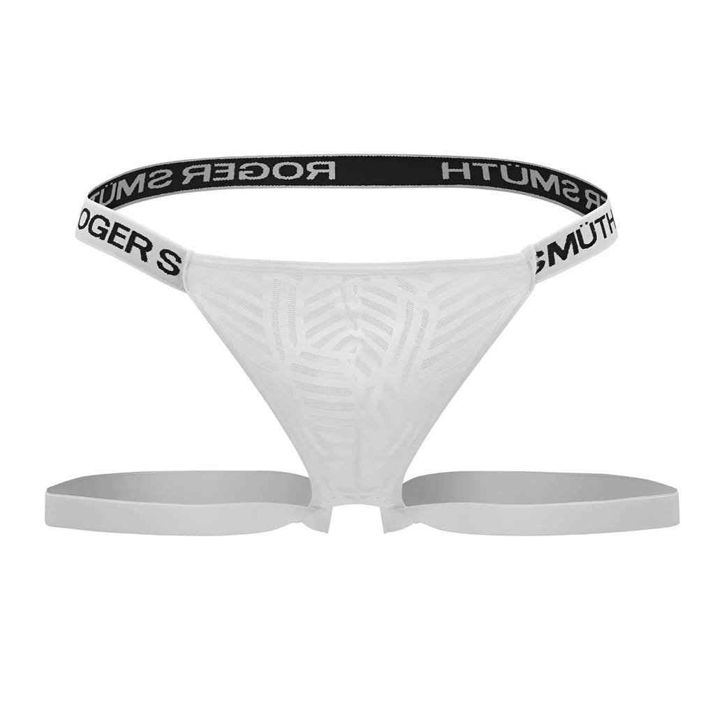 White roger smith thong rs071 with subtle textured pattern and black waistband featuring white brand name lettering