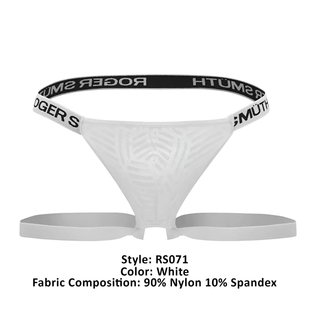 White Roger Smuth RS071 jockstrap thong with subtle textured pattern and black elastic waistband featuring brand name