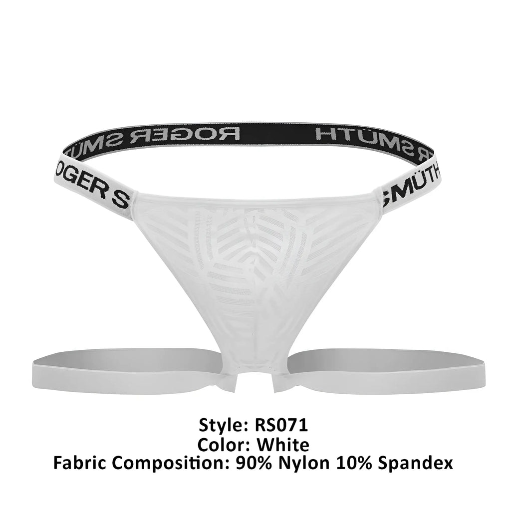 White Roger Smuth RS071 jockstrap thong with subtle textured pattern and black elastic waistband featuring brand name