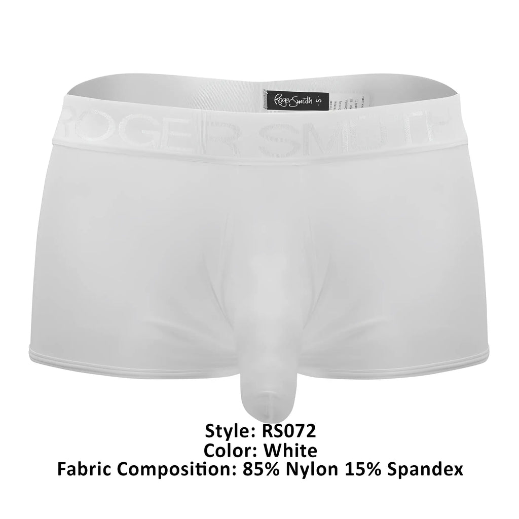 White men’s boxer briefs roger smith rs072 trunks with subtle logo on waistband made of 85 nylon 15 spandex