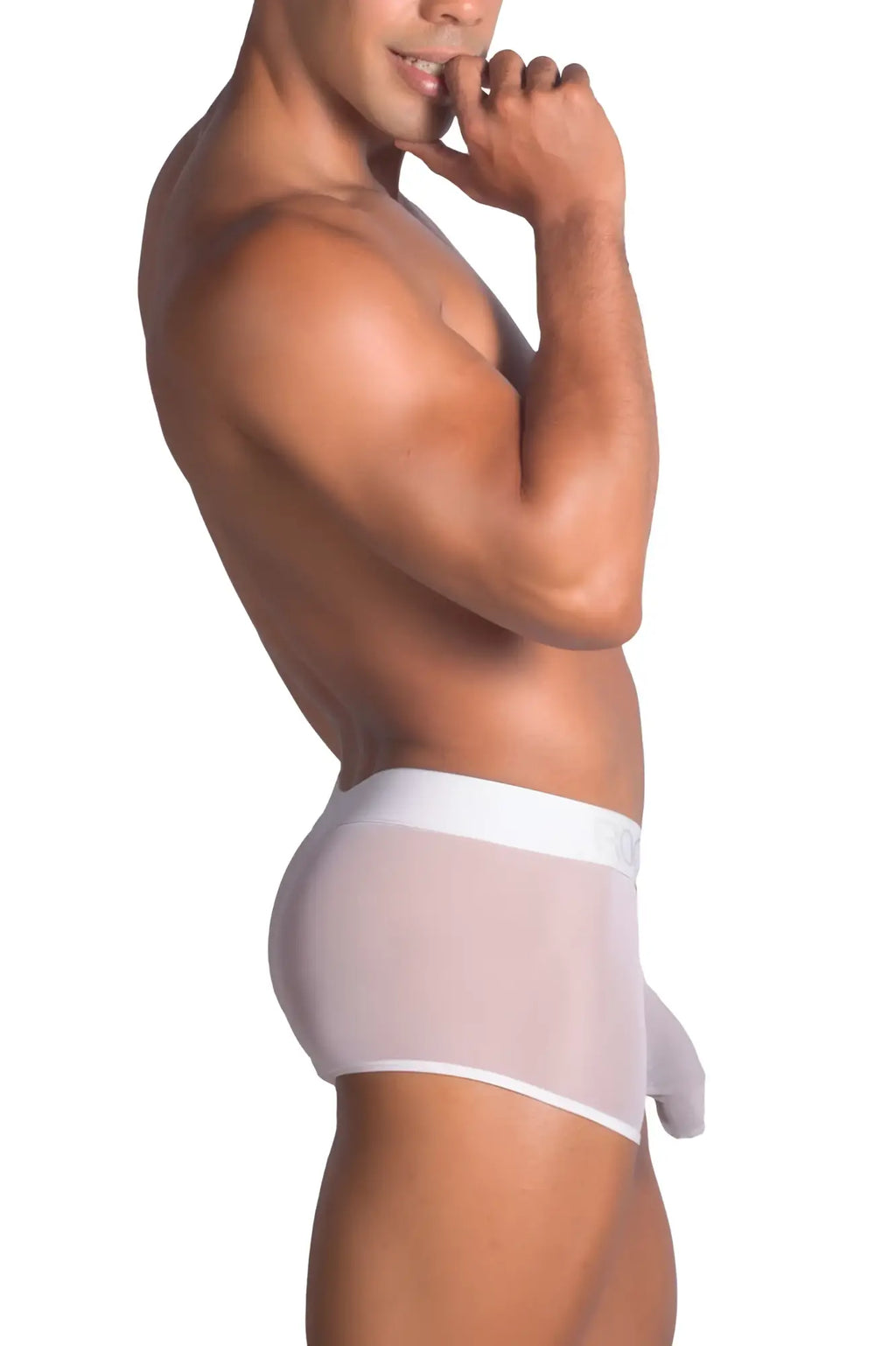 Roger smuth rs072 trunks white sheer mesh briefs with solid waistband and matching pouch in front view