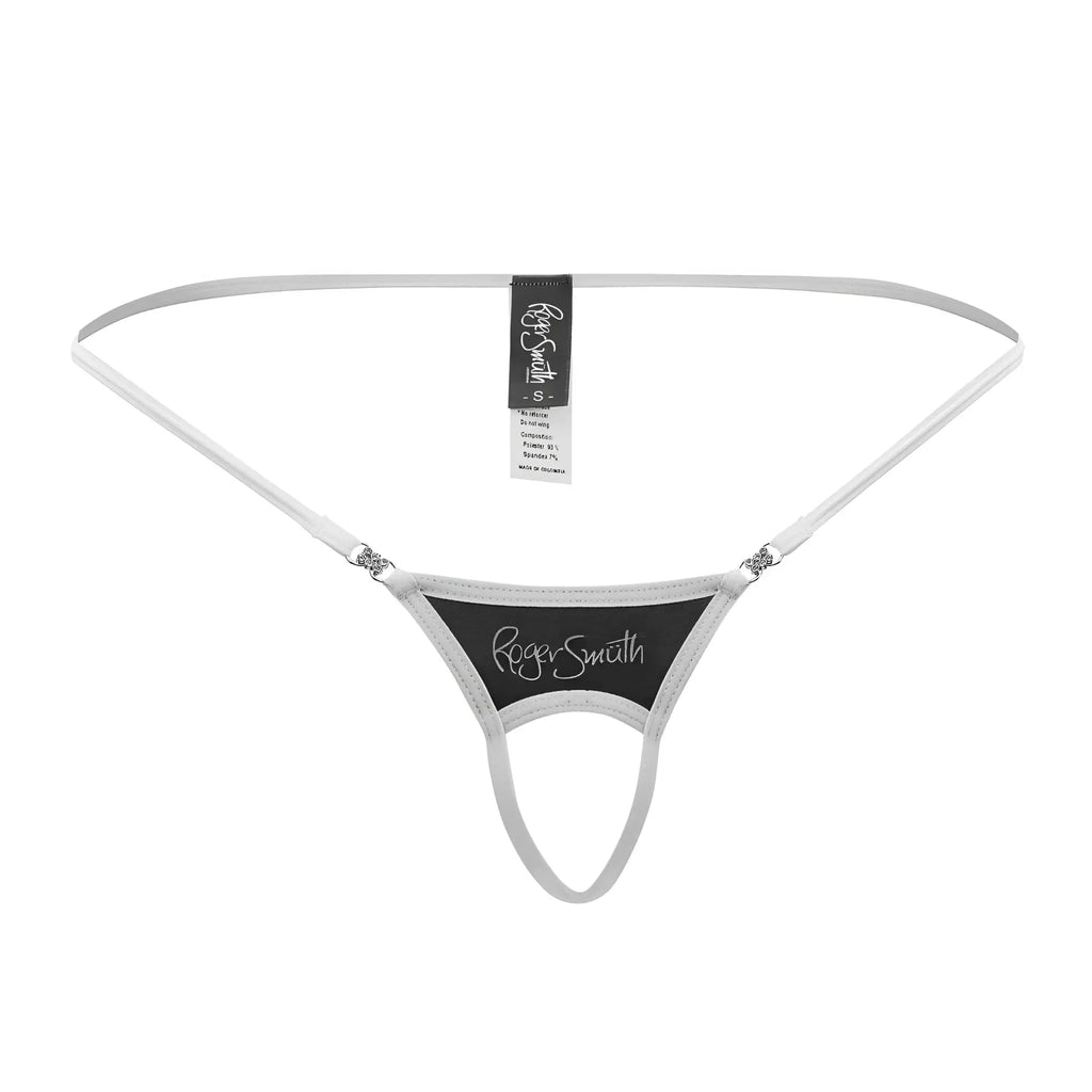 Roger Smith RS076 ball lifter thong in black with sleek minimalist design thin straps and central panel shown from back