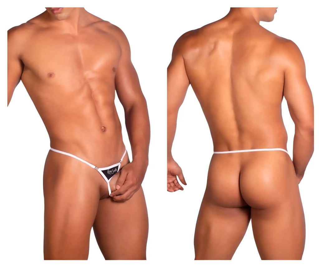 White thong with black triangular panel and silver logo detail from roger smuth rs076 ball lifter in black color