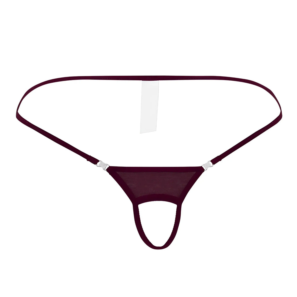Maroon mesh thong ball lifter with thin elastic straps and silver metal clasps by roger smuth in burgundy