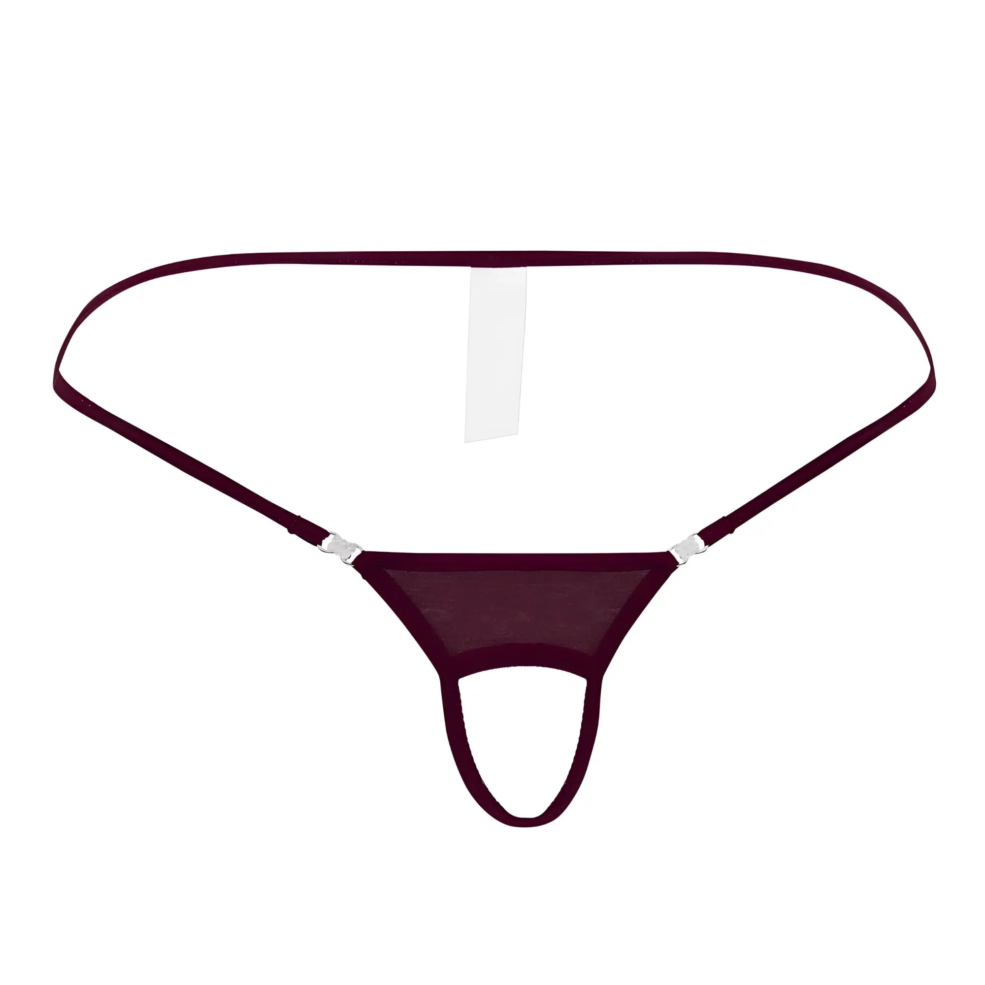 Maroon mesh thong ball lifter with thin elastic straps and silver metal clasps by roger smuth in burgundy