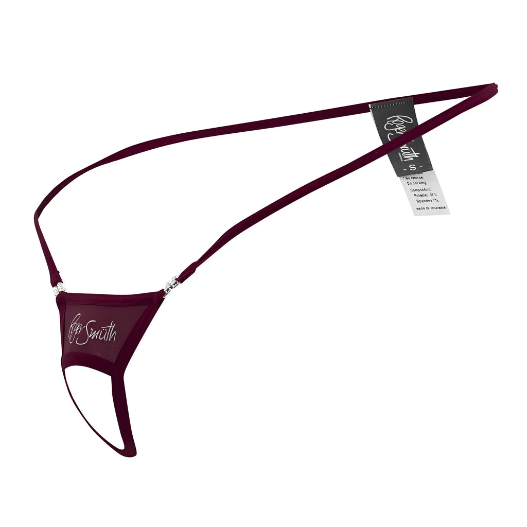 Maroon ray smith thong with sheer mesh front panel and silver rhinestone accents in roger smuth rs076 ball lifter burgundy