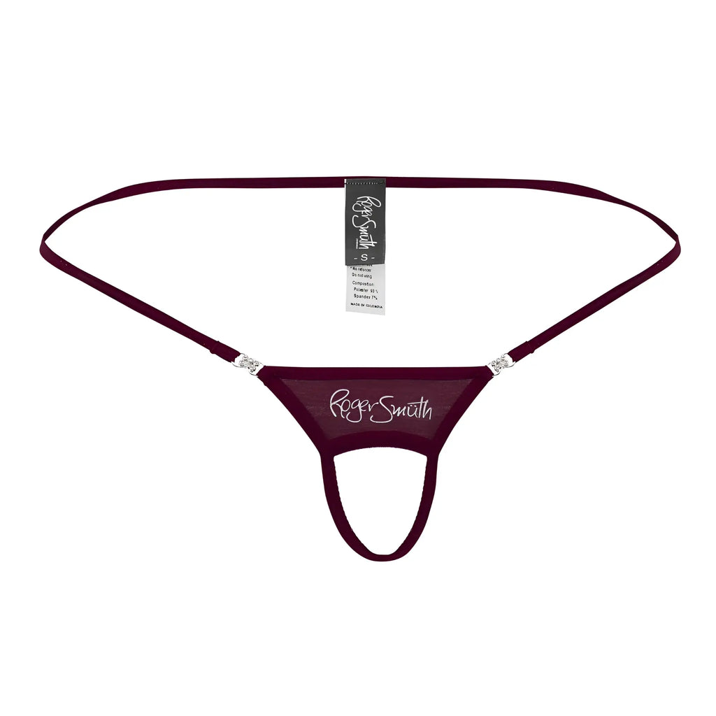 Maroon roger smith rs076 ball lister thong with sheer mesh fabric and silver rhinestone accents front view