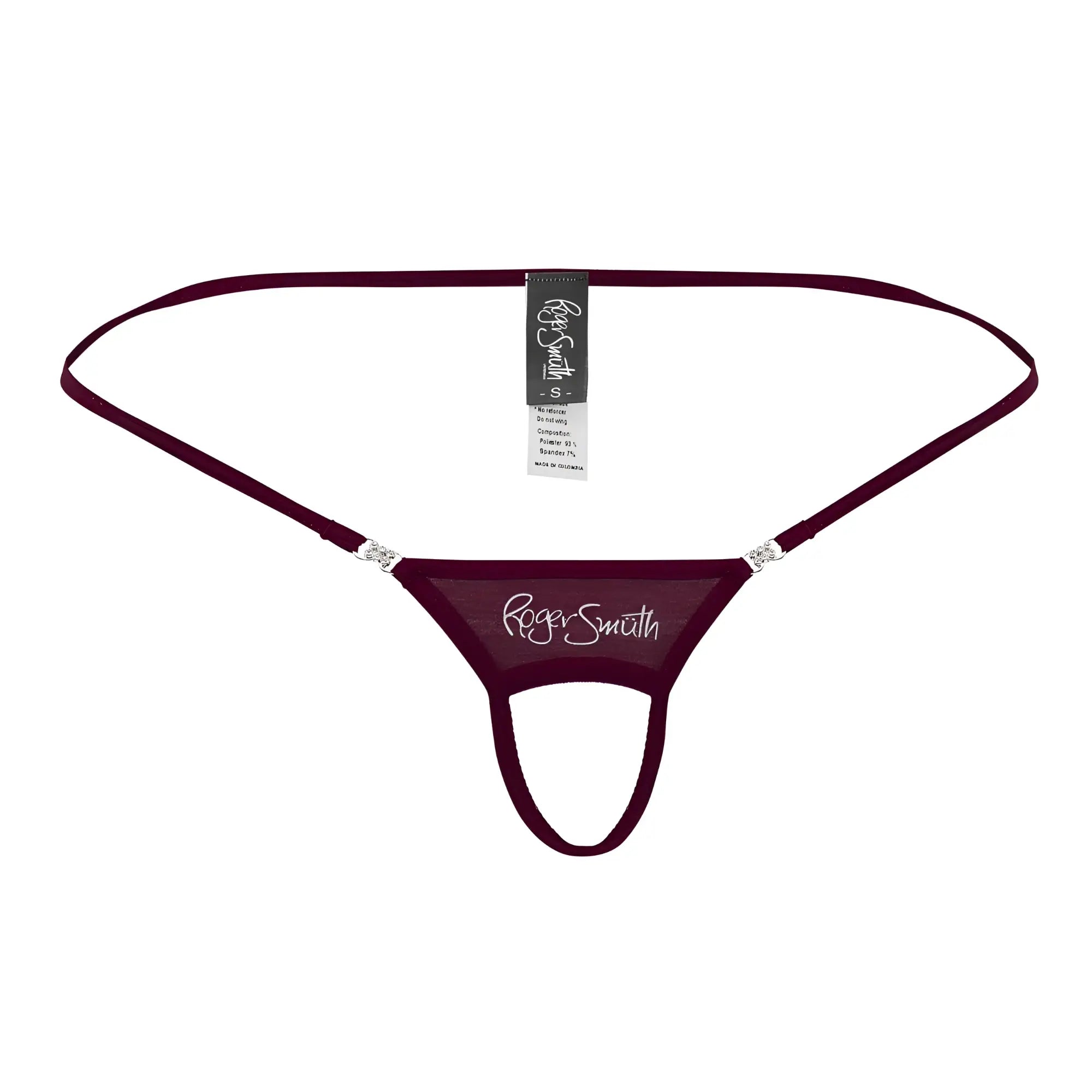 Maroon roger smith rs076 ball lister thong with sheer mesh fabric and silver rhinestone accents front view