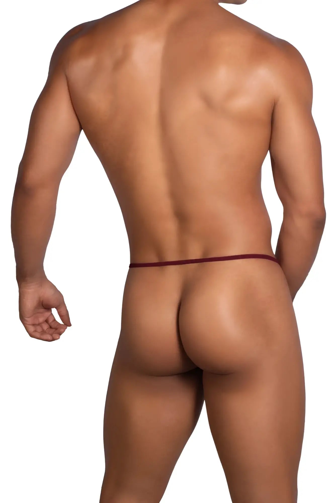 A maroon roger smuth rs076 ball lifter thong with a thin smooth elastic band shown from the back side